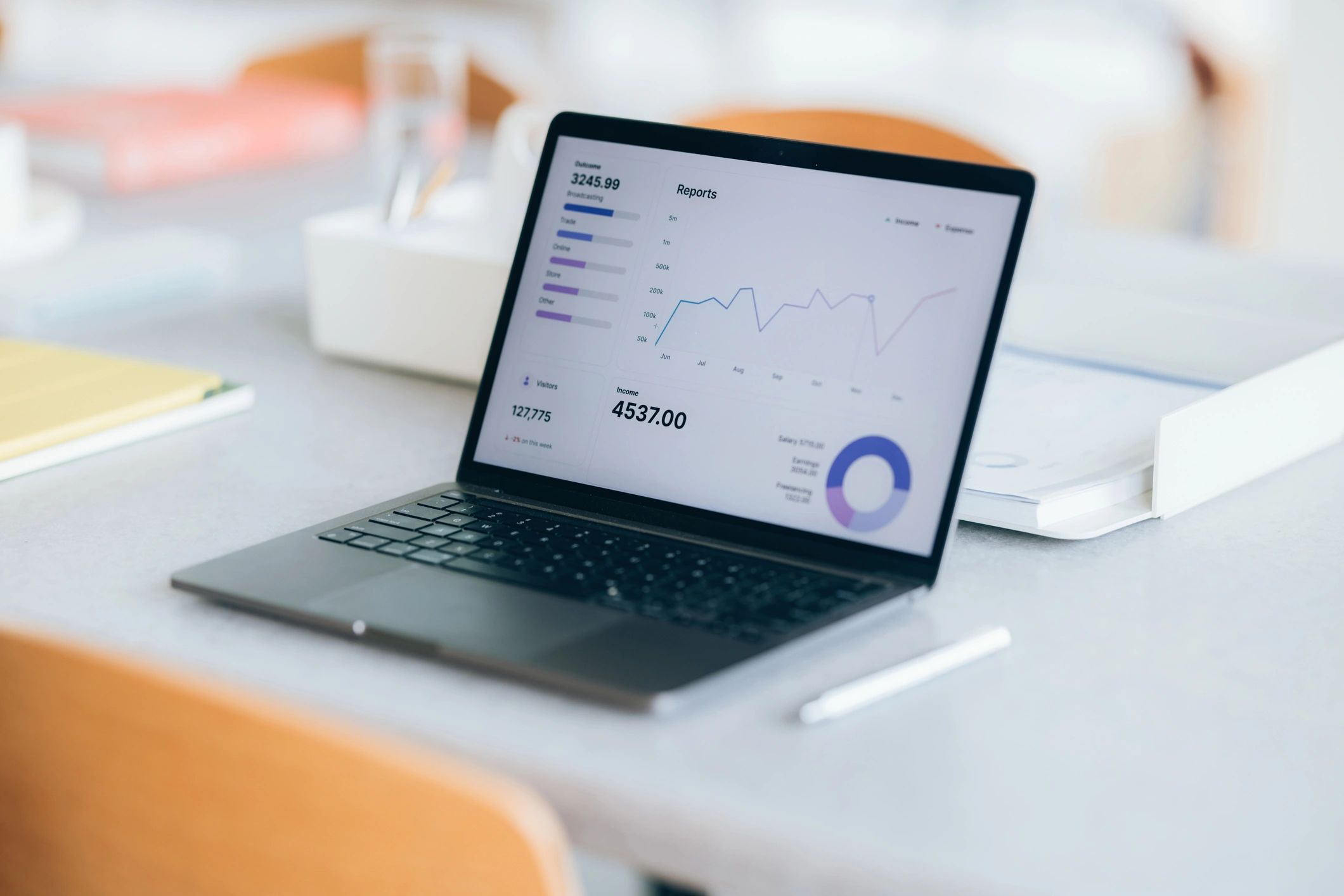 Laptop displaying analytics and performance reports